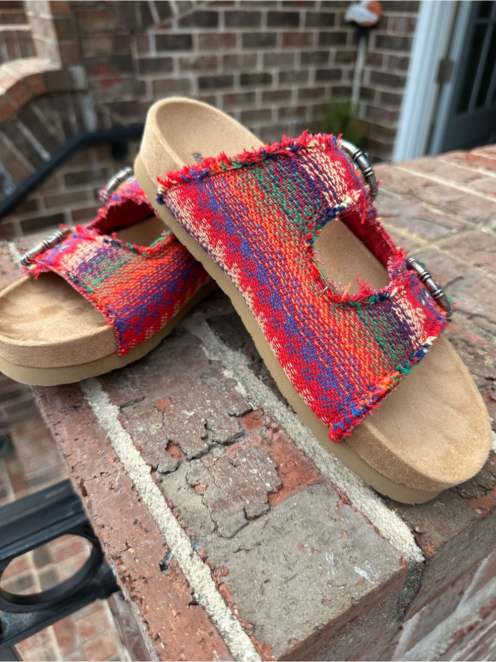 Minnetonka Multicolor Woven Slide Sandals in Red and Green Accents
